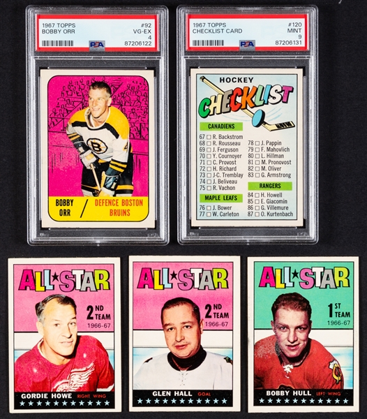 1967-68 Topps Hockey Card Starter Set (71/132) with PSA-Graded Cards #92 Bobby Orr (VG-EX 4) and #120 Checklist (MINT 9)