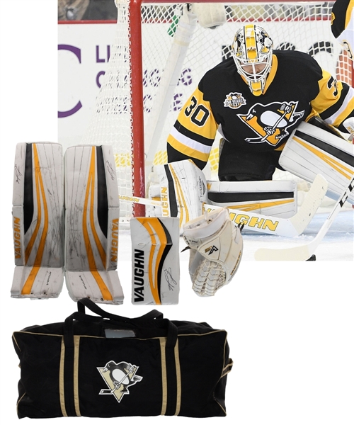 Matt Murrays 2016-17 Pittsburgh Penguins Signed Vaughn Ventus Game-Used Pads Plus Signed Training Camp/Pre-Season Worn Vaughn V7 Blocker, Ventus LT98 Pro Glove and Equipment Bag - Pads Photo-Matched!