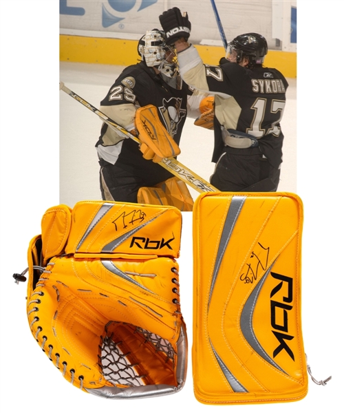 Marc-Andre Fleurys 2007-08 Pittsburgh Penguins Worn and Autographed RBK Glove and Blocker Set