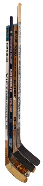 Edmonton Oilers 1990s Signed Game-Used Stick Collection of 3 Including Glenn Anderson, Craig Simpson and Janne Niinimaa Plus 2007 Oilers Messier Retirement Night Commemorative Stick