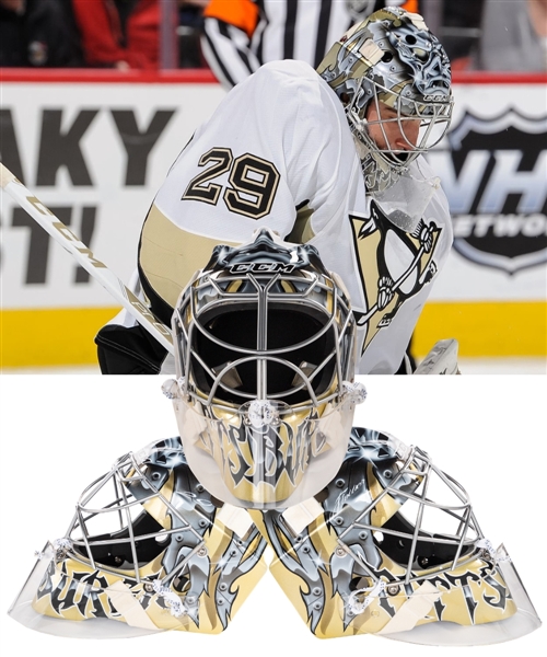 Marc-Andre Fleury’s 2015-16 Pittsburgh Penguins CCM Game Mask by Michel Lefevre with Carrying Bag - Designed and Painted by Stephane Bergeron!