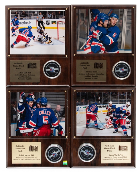 Adam Halls, Thomas Pocks, Jason Wards and Jed Ortmeyers 2006-07 New York Rangers NHL Goal Pucks on Plaques Displays (4) 