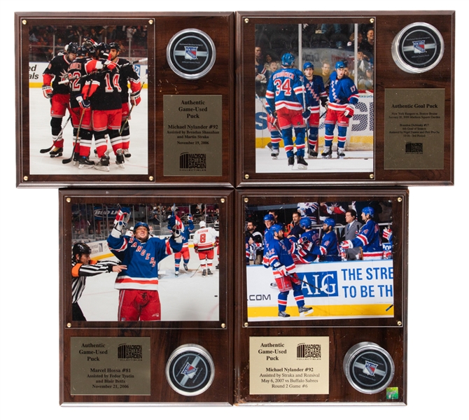 Marcel Hossas, Brandon Dubinskys and Michael Nylanders (2) 2006-07 and 2007-08 New York Rangers NHL Goal Pucks on Plaques Displays (4) 