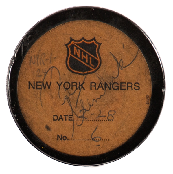 Pete Stemkowskis New York Rangers February 28th 1973 Goal Puck from the NHL Goal Puck Program with Registration Certificate - Season Goal #19 of 22 / Career Goal #126 of 206