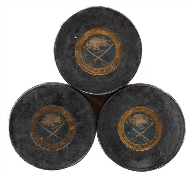 Gerry Meehans Buffalo Sabres December 28th 1972 Hat Trick Goal Pucks (3) from the NHL Goal Puck Program with Registration Certificates - Won in Hockey Diversified Contest w/ Accompanying Letters