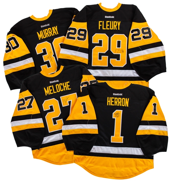 Signed Pittsburgh Penguins "Throwback" Pro On-Ice Jersey Collection of 4 Including Fleury, Murray, Meloche and Herron 