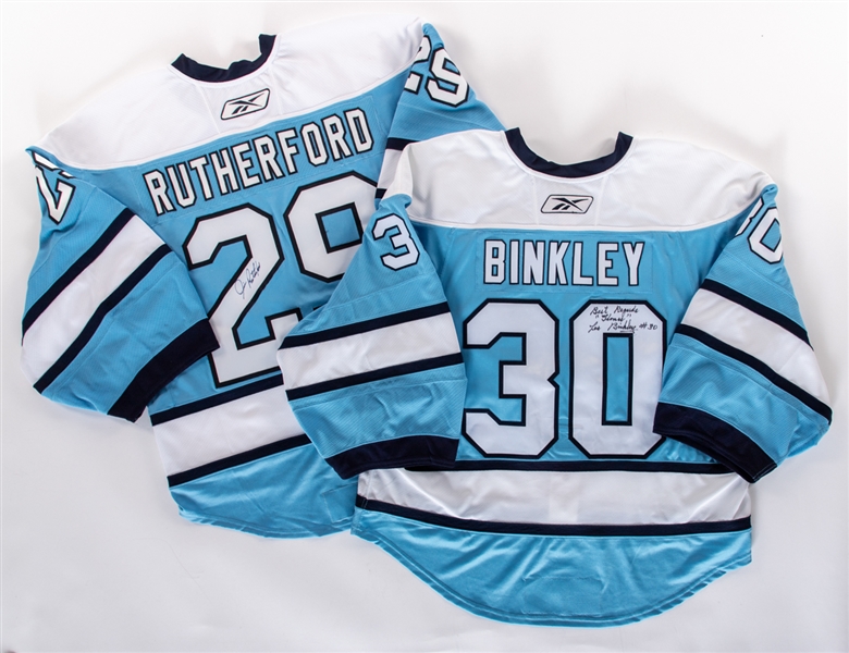 Les Binkley and Jim Rutherford Signed Pittsburgh Penguins "Throwback" Pro On-Ice Jersey Collection of 2