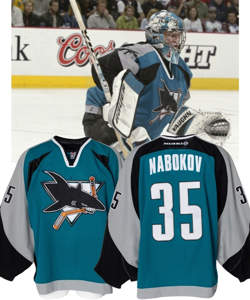 Evgeni Nabokovs 2001-02 San Jose Sharks Game-Worn Stanley Cup Playoffs Jersey with Team COA - Nice Game Wear! - Photo-Matched!