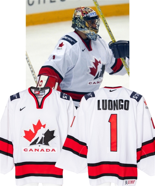 Roberto Luongos 2004 IIHF World Championships Team Canada Game-Worn Jersey with Hockey Canada LOA - Photo-Matched!