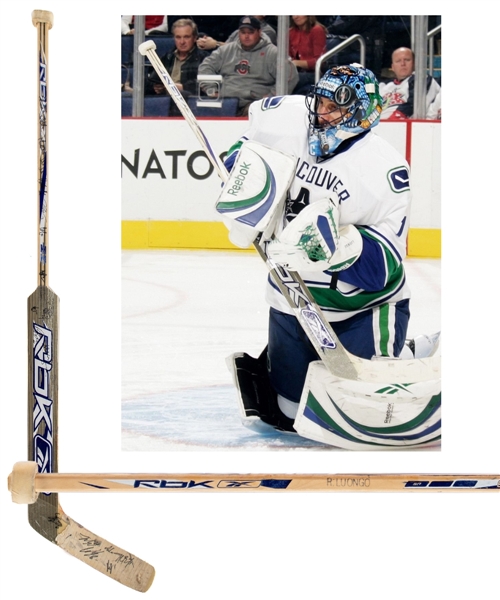 Roberto Luongos 2008-09 Vancouver Canucks Reebok Premier Series II Team-Signed Game-Used Stick Including Luongo, Henrik and Daniel Sedin, Bieksa, Burrows and Others - Photo-Matched!