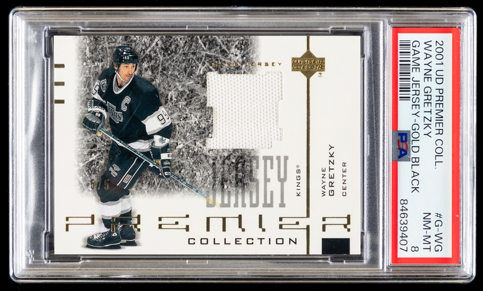 2001-02 Upper Deck Premier Collection Game Jersey Gold Hockey Card #G-WG HOFer Wayne Gretzky (5/5) - Graded PSA 8