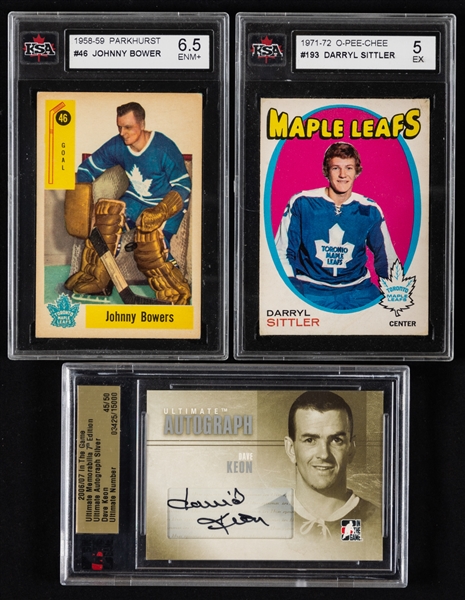 1950s to 2010s Parkhurst, ITG and O-Pee-Chee Toronto Maple Leafs Hockey Cards (8) Including 1958-59 Parkhurst #46 Bower, 1971-72 O-Pee-Chee #193 Sittler and 2006-07 ITG Ultimate Autograph Silver Keon