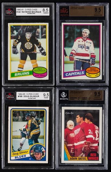 1980s O-Pee-Chee Beckett/KSA-Graded Hockey Cards (7) Incl. 1980-81 Bourque RC (KSA 8.5) and Gartner RC (Beckett 9.5) Plus 1984-85 Gilmour RC (KSA 9.5) and 1987-88 Oates RC (Beckett 9.5)