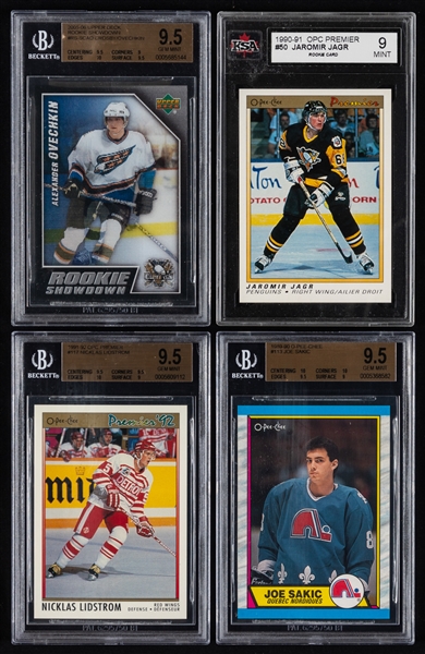 1990s and 2000s OPC, UD and Other Brands Graded Hockey Cards (11) Incl. 2005-06 UD Rookie Showdown Crosby/Ovechkin (9.5) and Rookie Cards of Jagr, Lidstrom, Sakic, Brodeur, Leetch and Iginla