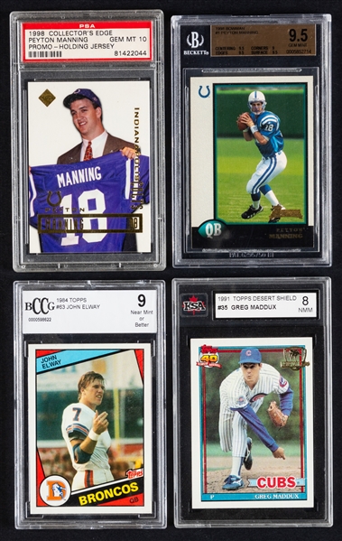 1980s and 1990s Football and Baseball Graded Cards (9) Inc. 1984 Topps Elway RC, 1998 Bowman and Collectors Edge Manning RCs, 1987 Topps Bonds RC and 1991 Desert Shield Maddux