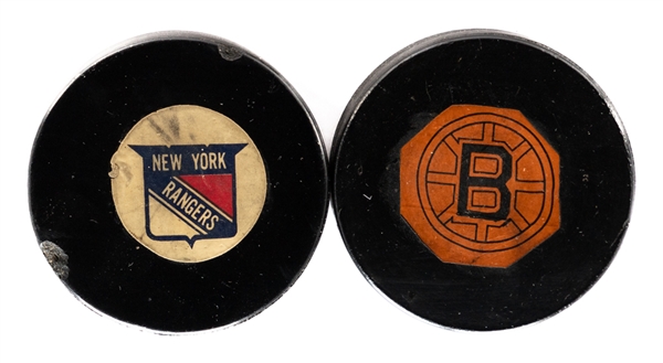 Dave Balons 1962-64 Boston Bruins "Original Six" Art Ross NHL Game Puck and 1968-69 New York Rangers Art Ross/Converse NHL Game Puck from His Personal Collection with LOA