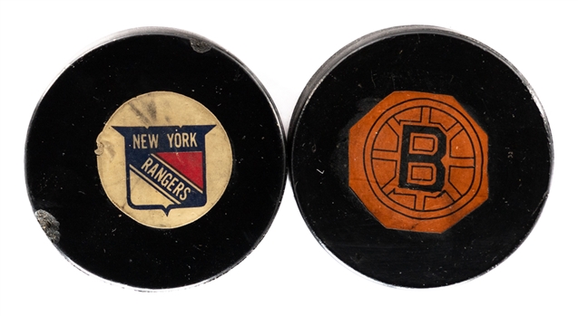 Dave Balons 1962-64 Boston Bruins "Original Six" Art Ross NHL Game Puck and 1968-69 New York Rangers Art Ross/Converse NHL Game Puck from His Personal Collection with LOA