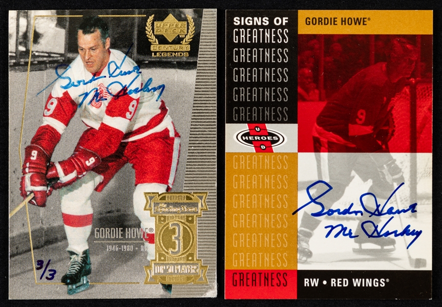 Gordie Howe Signed Hockey Cards (2) Including 2000-01 UD Signs of Greatness #GH and 1999-2000 UD Century Legends (3/3 - 2001-02 SP Authentic Buyback)