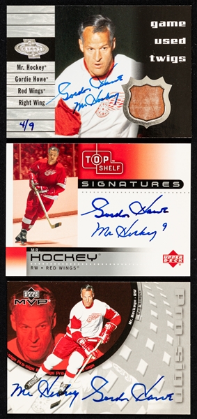 Gordie Howe Signed 2001-02 Upper Deck Hockey Cards (3) Including MVP Pro-Sign #GH, Top Shelf Signatures #GH and Heroes Game Used Twigs #T-GH (4/9 - 2001-02 SP Authentic Buyback)