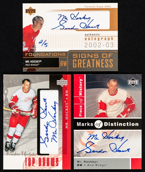 Gordie Howe Signed 2002-03 Upper Deck Hockey Cards (3) Including Signs of Greatness Toronto Expo 2002 #SG-GH (2/5), Rookie Update Top Draws #GH and Marks of Distinction #GH 