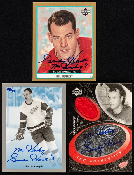 Gordie Howe Signed Upper Deck Hockey Cards (3) Including 2003-04 Beehive Ready for Framing #RF-5 (8/10), 2003-04 Ice Authentics #IA-MH and 2002-03 UD Retrospectives #R36 (03/25)