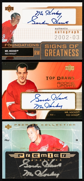 Gordie Howe Signed Upper Deck Hockey Cards (3) Including 2002-03 Signs of Greatness #SG-GH, 2003-04 Top Draws Rookie Update #TD-5 and 2003-04 Premier Signatures #PS-MH