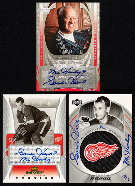 Gordie Howe Signed 2004-05 Upper Deck Hockey Cards (3) Incl. All-World Edition Up Close & Personal #92 (06/10), 2003-04 MVP ProSign  #PS-GH (Buyback) and 2003-04 Legend Trilogy #139 (01/12 - Buyback)