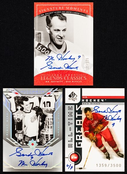 Gordie Howe Signed 2004-05 Upper Deck Hockey Cards (3) Including Signature Moments #M2 (125/125), Ultimate Signatures #US-GH and 2002-03 SP All-Time Greats #99 (6/7 - Buyback)