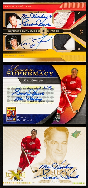 Gordie Howe Signed 2004-05 Upper Deck Hockey Cards (3) Including Dual Auto Patch Howe/Neely #UPA-GH/CN (2/3), Signature Supremacy #SSP-14 (Hawaii - 4/5) and 2001-02 Signs of Xcellence #GH (Buyback)