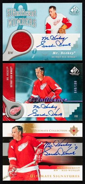 Gordie Howe Signed 2005-06 Upper Deck Hockey Cards (3) Including SIGnificant Numbers #SN-GH (5/9), SIGnificance #S-GH (40/100) and Ultimate Signatures #US-GH 