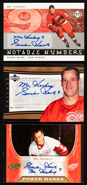 Gordie Howe Signed 2005-06 Upper Deck Hockey Cards (3) Including Notable Numbers #N-GH (7/9), Legendary Scripts #LEG-GH and Power Marks #PM-GH 