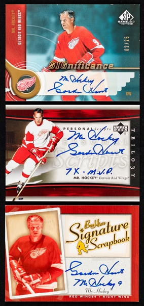 Gordie Howe Signed 2005-06 Upper Deck Hockey Cards (3) Including SIGnificance #S-GH (02/25), Personal Scripts #PER-GH and Bee Hive Signature Scrapbook #SS-GH 