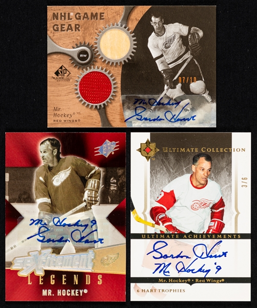 Gordie Howe Signed 2005-06 Upper Deck Hockey Cards (3) Including NHL Game Gear #AG-GH1 (07/10), SPXcitement Legends #XL-GH (1/5) and Ultimate Achievements #UA-GH (3/6)