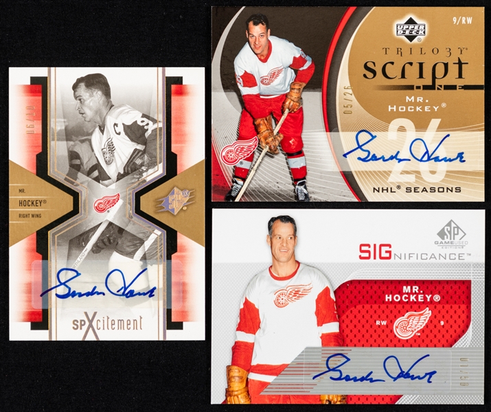 Gordie Howe Signed Upper Deck Hockey Cards (3) Including 2006-07 SPXcitement #X33 (06/10), 2006-07 Trilogy Script One #S1-GH (05/26) and 2007-08 SIGnificance #S-GH (01/50) 