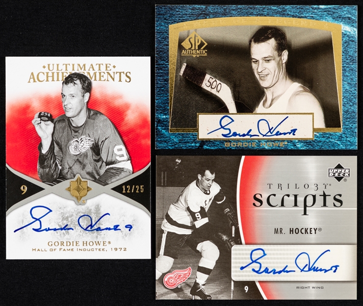 Gordie Howe Signed Upper Deck Hockey Cards (3) Including 2010-11 Ultimate Achievements (12/25), 2007-08 Mark of a Legend #M1 (74/112) and 2006-07 Trilogy Scripts #TS-GH