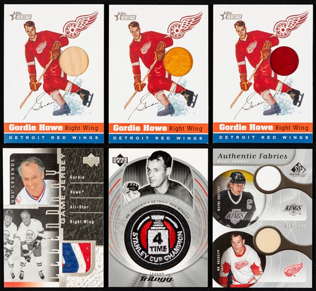 Gordie Howe 2000-01 to 2005-06 Upper Deck/Topps Patch/Jersey Hockey Cards (6) Inc. 2005-06 Authentic Fabrics Dual Jersey Gretzky/Howe #AF2-GH (19/100) and 2000-01 Legendary Game Jersey #J-GH