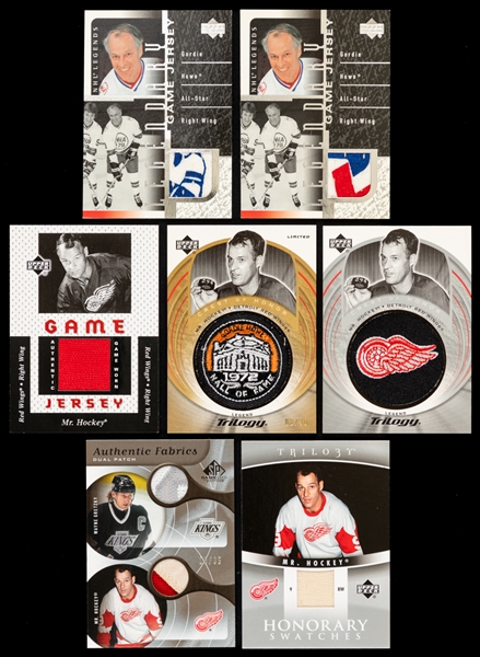 Gordie Howe 2000-01 to 2006-07 Upper Deck Patch/Jersey Hockey Cards (7) Inc. 2006-07 Trilogy Honorary Swatches #HS-GH and 2005-06 Authentic Fabrics Dual Patch Gretzky/Howe #AP2-GH (18/35) 