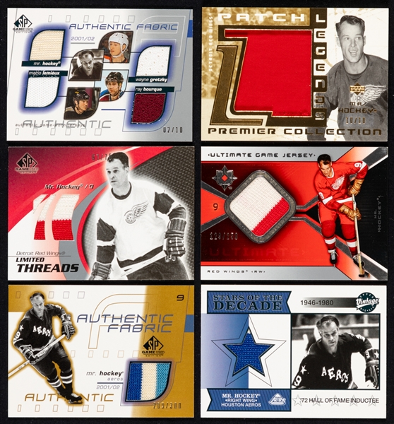 Gordie Howe 2001-02 to 2004-05 Upper Deck Patch/Jersey Hockey Cards (6) Inc. 2001-02 SP Authentic Fabric Quad #HGBL (02/10) and 2003-04 Premier Collection Legends Patch #PL-MH (10/10) 