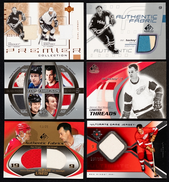 Gordie Howe 2001-02 to 2004-05 Upper Deck Patch/Jersey Hockey Cards (6) Inc. 2003-04 SP Top Threads Quad #TP-GLHL (5/6) and 2001-02 Premier Collection Dual Jersey Howe/Gretzky #D-HG (023/100) 