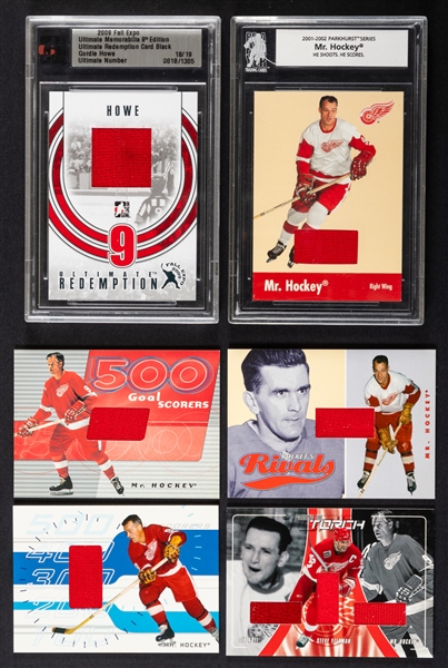 Gordie Howe 2001-02 and 2009-10 ITG In The Game Patch/Jersey Hockey Cards (12) Including 500 Goal Scorers, Passing the Torch, Tough Customers, NHL Heroes and Others 