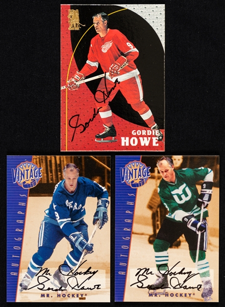 Gordie Howe Signed Hockey Cards (3) Including 1998-99 ITG Be a Player #GH-2 and 2001-02 ITG Vintage Autographs #VA-03 and #VA-04