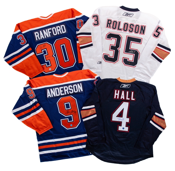 Bill Ranford, Glenn Anderson, Taylor Hall and Dwayne Roloson Signed Edmonton Oilers Jerseys with COAs