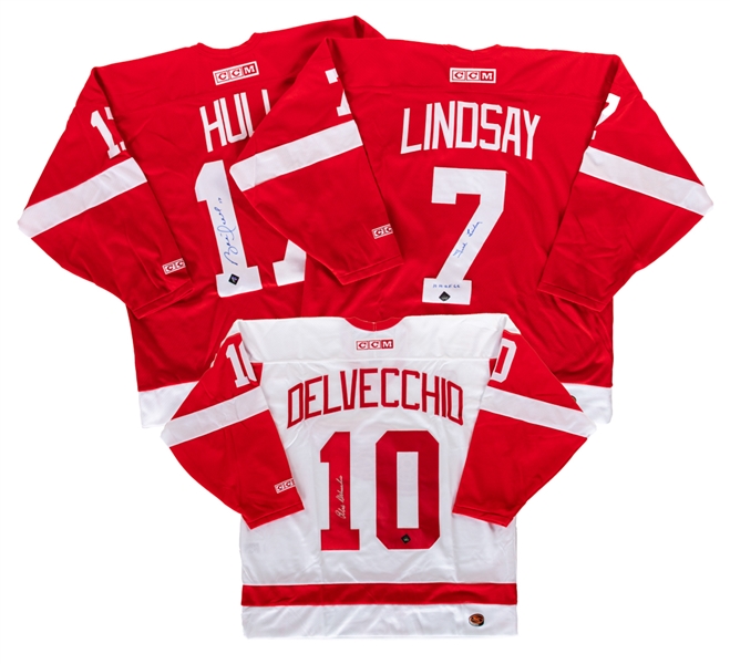 Alex Delvecchio, Ted Lindsay and Brett Hull Signed Detroit Red Wings Jerseys with COAs