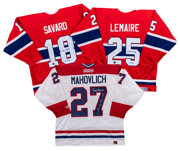 Frank Mahovlich, Serge Savard and Jacques Lemaire Signed Montreal Canadiens Jerseys with COAs 