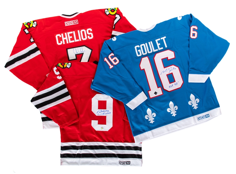 Bobby Hull and Chris Chelios Signed Chicago Black Hawks Jerseys with COAs Plus Michel Goulet Signed Quebec Nordiques Jersey with COA