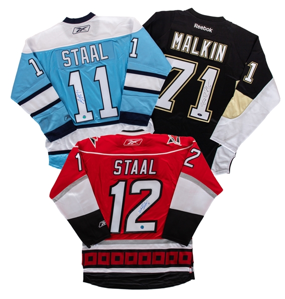 Evgeni Malkin (Pittsburgh Penguins), Jordan Staal (Pittsburgh Penguins) and Eric Staal (Carolina Hurricanes) Signed Jerseys with COAs