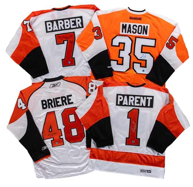 Bernie Parent, Bill Barber, Daniel Briere and Steve Mason Signed Philadelphia Flyers Jerseys with COAs