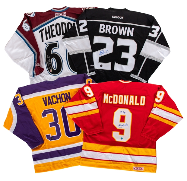 Rogatien Vachon (Kings), Lanny McDonald (Flames), Dustin Brown (Kings) and Jose Theodore (Avalanche) Signed Jerseys with COAs