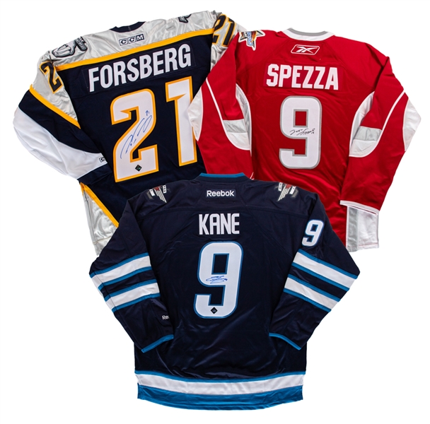 Peter Forsberg (Nashville Predators), Jason Spezza (2008 All-Star Game) and Evander Kane (Winnipeg Jets) Signed Jerseys with COAs