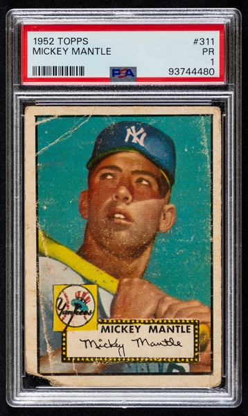 1952 Topps Baseball Card #311 HOFer Mickey Mantle - Graded PSA 1